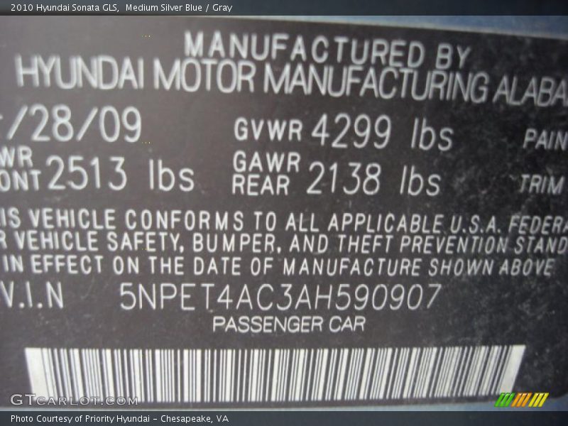 Medium Silver Blue / Gray 2010 Hyundai Sonata GLS