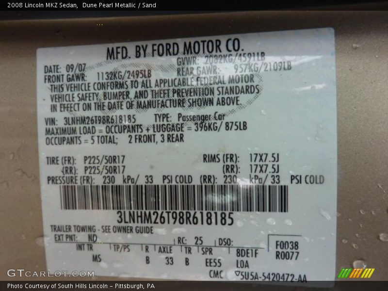 Dune Pearl Metallic / Sand 2008 Lincoln MKZ Sedan