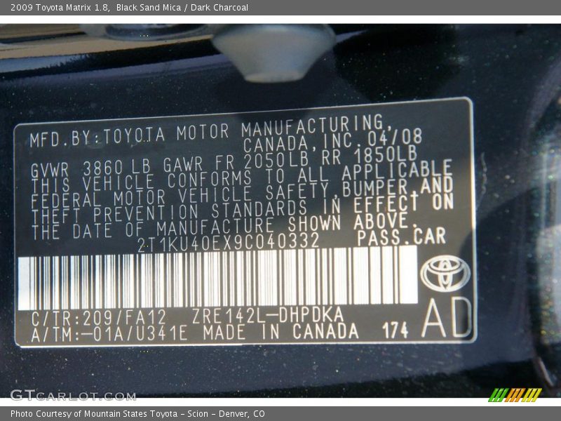 Black Sand Mica / Dark Charcoal 2009 Toyota Matrix 1.8