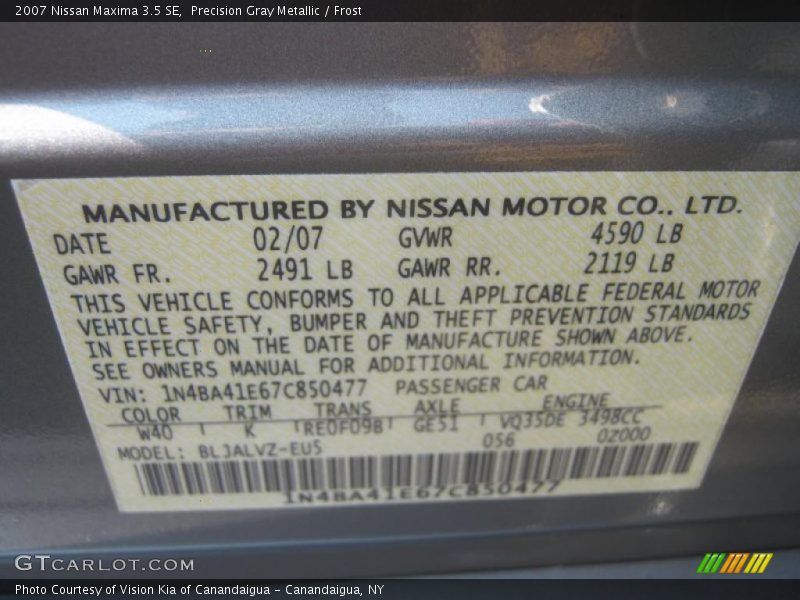 Precision Gray Metallic / Frost 2007 Nissan Maxima 3.5 SE