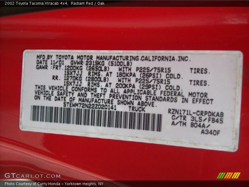 2002 Tacoma Xtracab 4x4 Radiant Red Color Code 3L5
