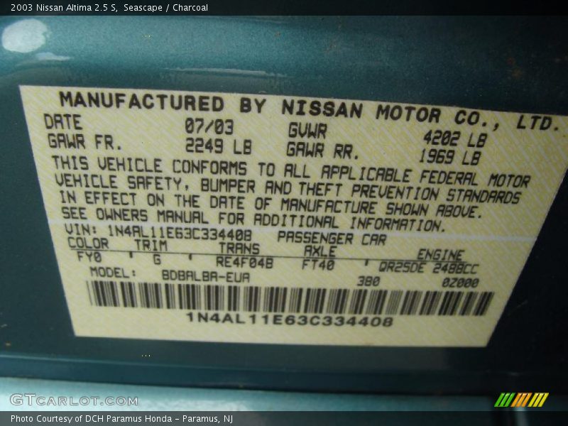 2003 Altima 2.5 S Seascape Color Code FY0
