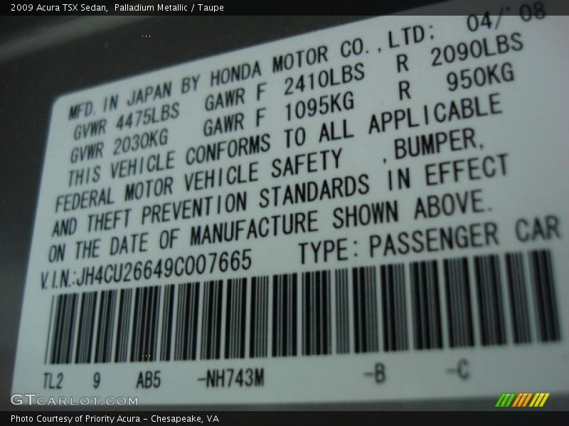 Palladium Metallic / Taupe 2009 Acura TSX Sedan
