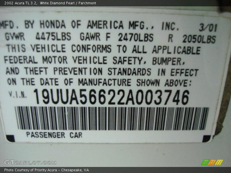 White Diamond Pearl / Parchment 2002 Acura TL 3.2