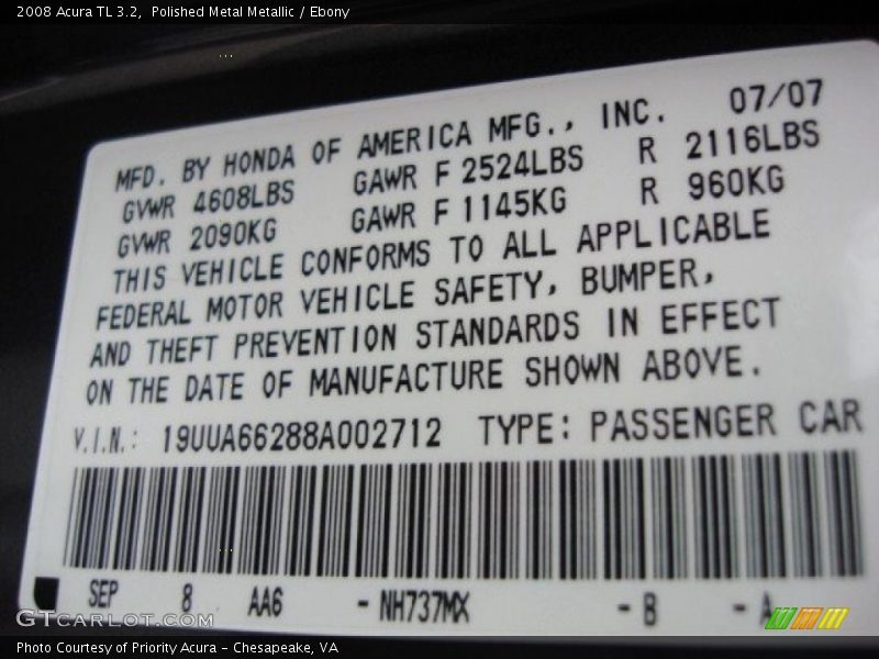 Polished Metal Metallic / Ebony 2008 Acura TL 3.2