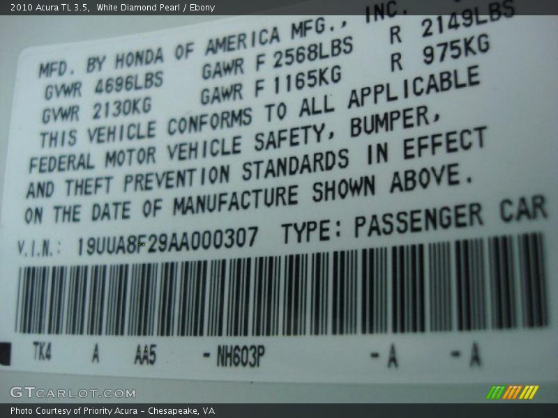 White Diamond Pearl / Ebony 2010 Acura TL 3.5