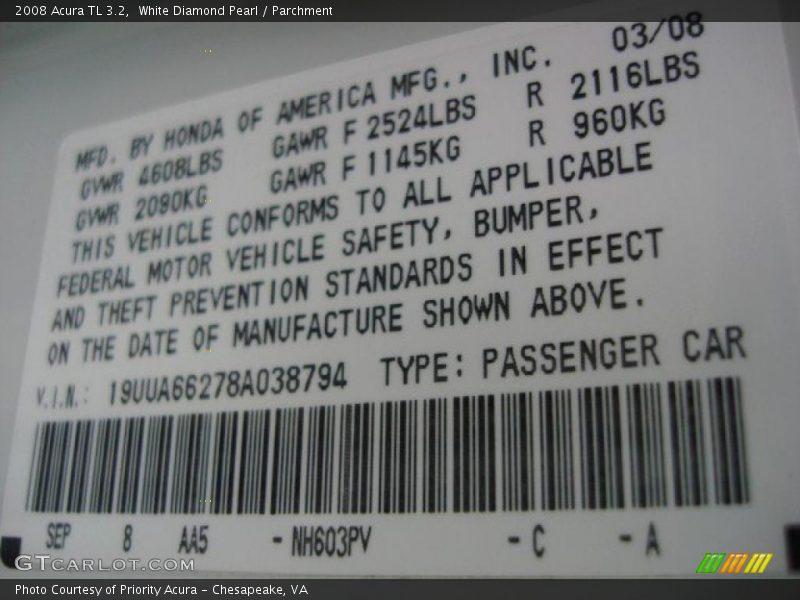 White Diamond Pearl / Parchment 2008 Acura TL 3.2