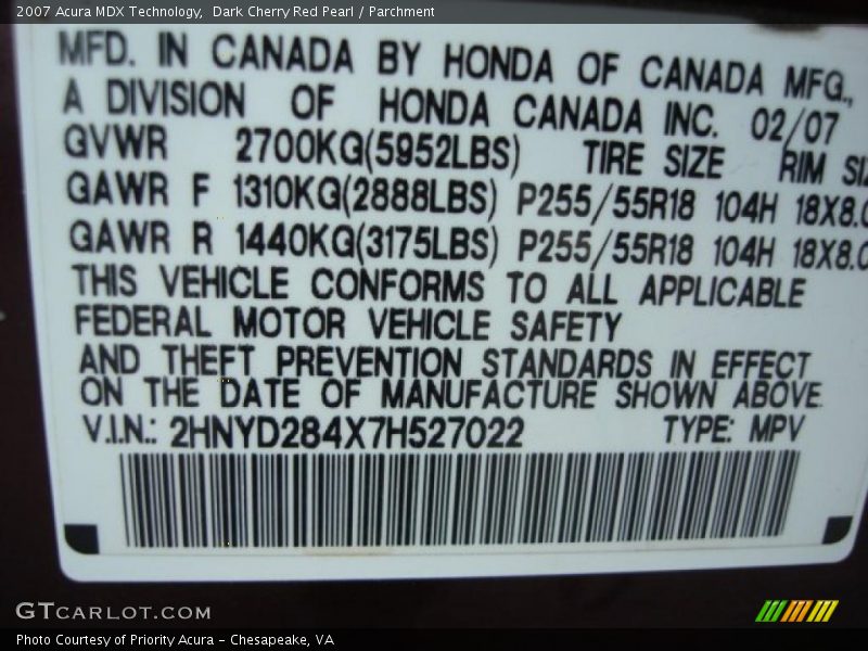 Dark Cherry Red Pearl / Parchment 2007 Acura MDX Technology
