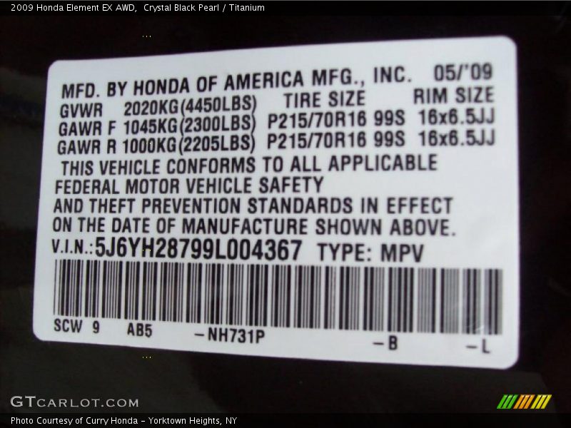 2009 Element EX AWD Crystal Black Pearl Color Code NH731P