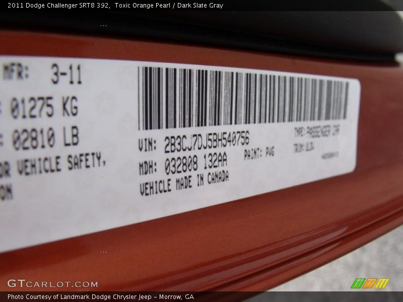 2011 Challenger SRT8 392 Toxic Orange Pearl Color Code PVG