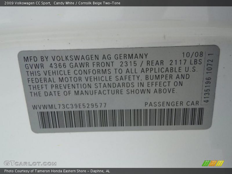 Candy White / Cornsilk Beige Two-Tone 2009 Volkswagen CC Sport