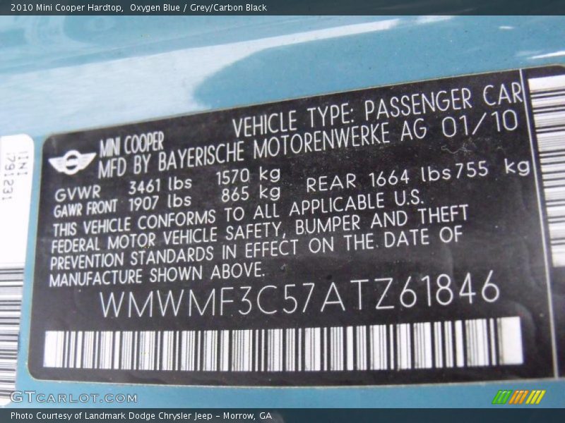 Oxygen Blue / Grey/Carbon Black 2010 Mini Cooper Hardtop
