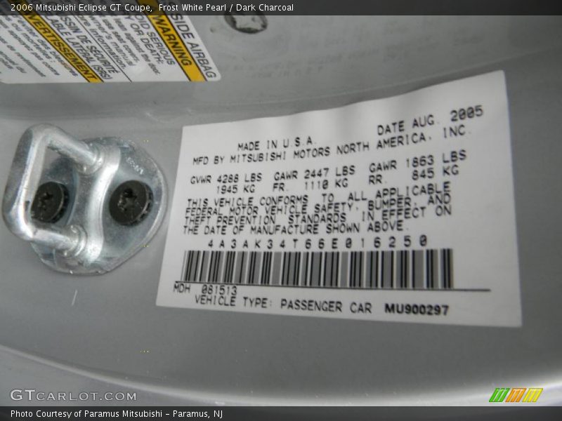 Info Tag of 2006 Eclipse GT Coupe