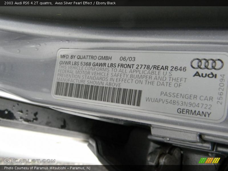 Info Tag of 2003 RS6 4.2T quattro