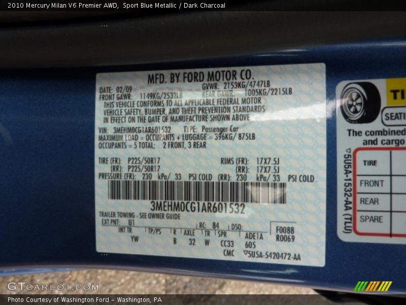 2010 Milan V6 Premier AWD Sport Blue Metallic Color Code U1