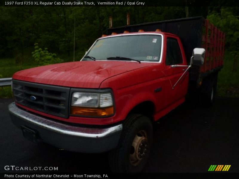 Vermillion Red / Opal Grey 1997 Ford F350 XL Regular Cab Dually Stake Truck