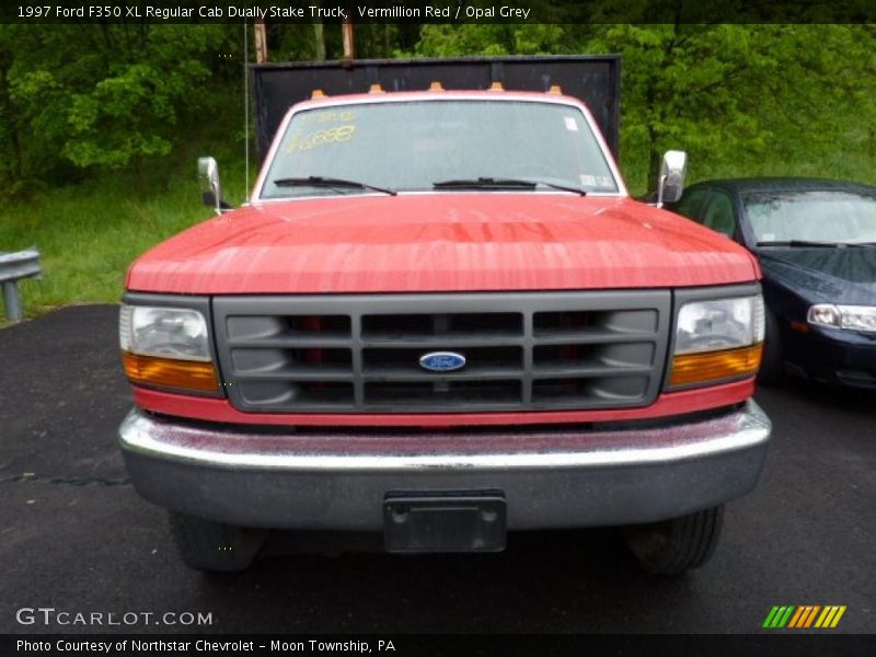 Vermillion Red / Opal Grey 1997 Ford F350 XL Regular Cab Dually Stake Truck