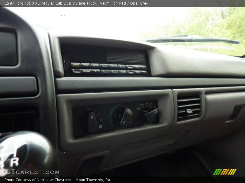 Vermillion Red / Opal Grey 1997 Ford F350 XL Regular Cab Dually Stake Truck