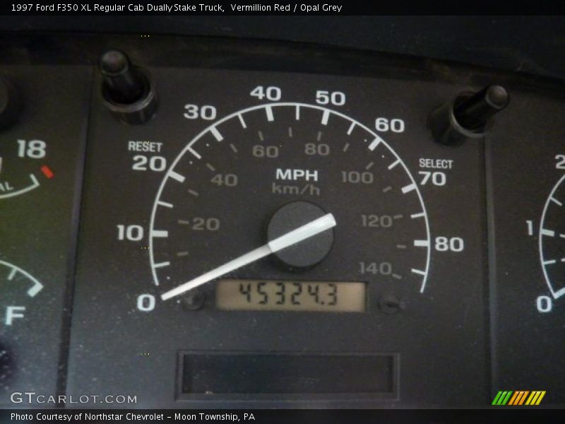 Vermillion Red / Opal Grey 1997 Ford F350 XL Regular Cab Dually Stake Truck