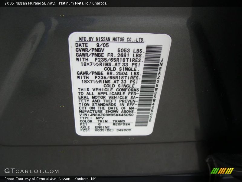 Platinum Metallic / Charcoal 2005 Nissan Murano SL AWD