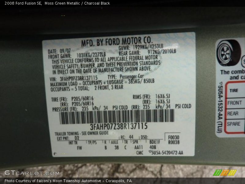 Moss Green Metallic / Charcoal Black 2008 Ford Fusion SE