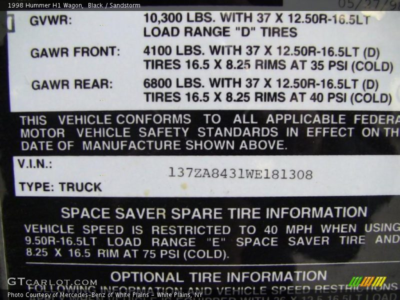 Info Tag of 1998 H1 Wagon