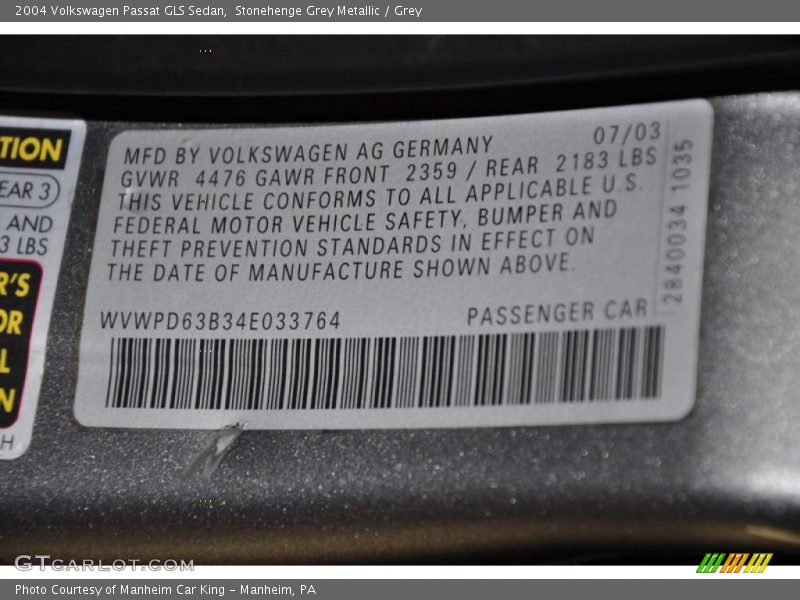 Stonehenge Grey Metallic / Grey 2004 Volkswagen Passat GLS Sedan