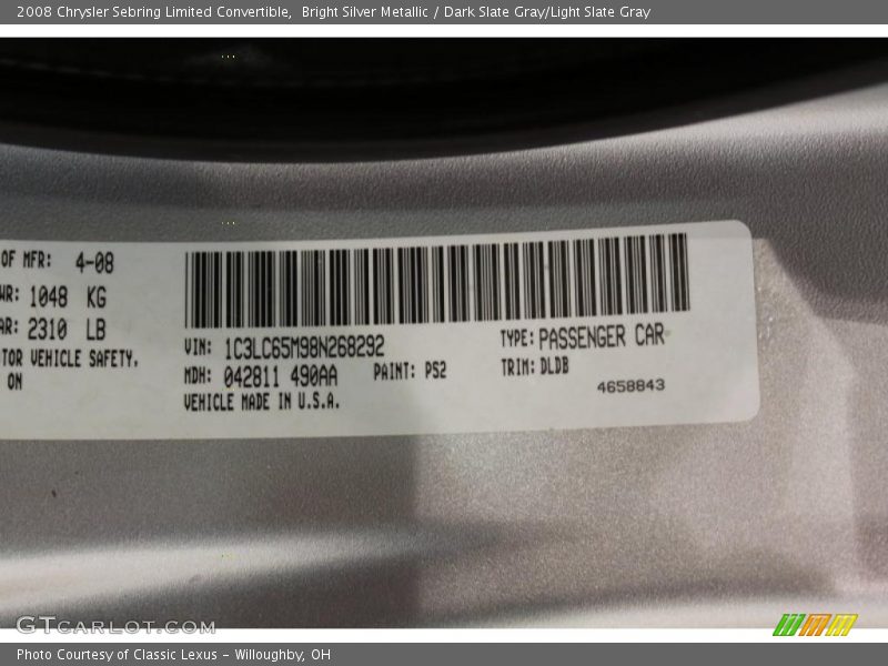 Bright Silver Metallic / Dark Slate Gray/Light Slate Gray 2008 Chrysler Sebring Limited Convertible