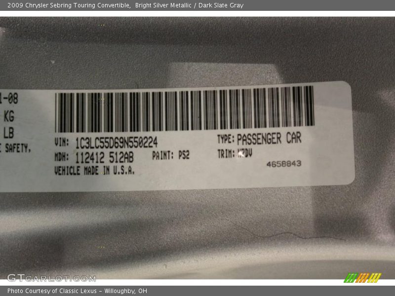 Bright Silver Metallic / Dark Slate Gray 2009 Chrysler Sebring Touring Convertible