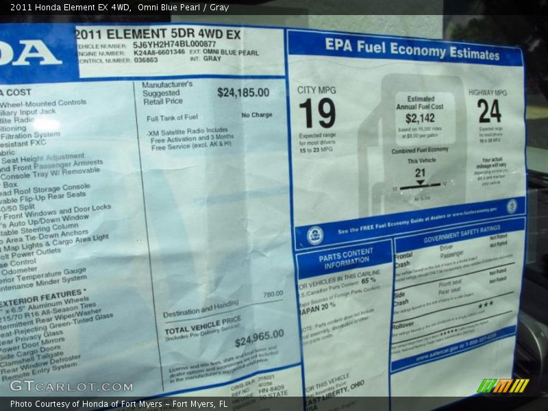  2011 Element EX 4WD Window Sticker
