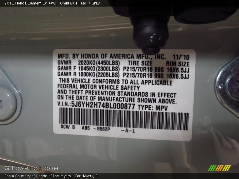 2011 Element EX 4WD Omni Blue Pearl Color Code B562P