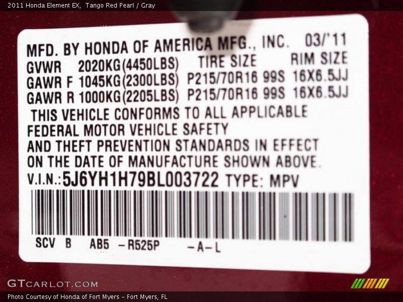 Tango Red Pearl / Gray 2011 Honda Element EX