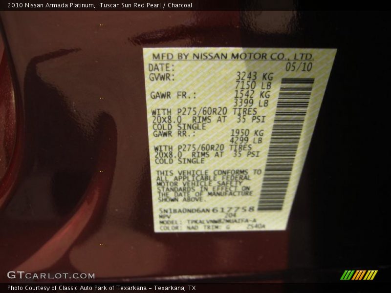 Tuscan Sun Red Pearl / Charcoal 2010 Nissan Armada Platinum
