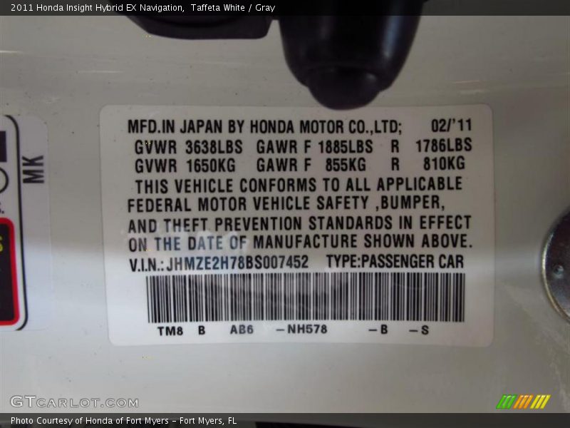 2011 Insight Hybrid EX Navigation Taffeta White Color Code NH578