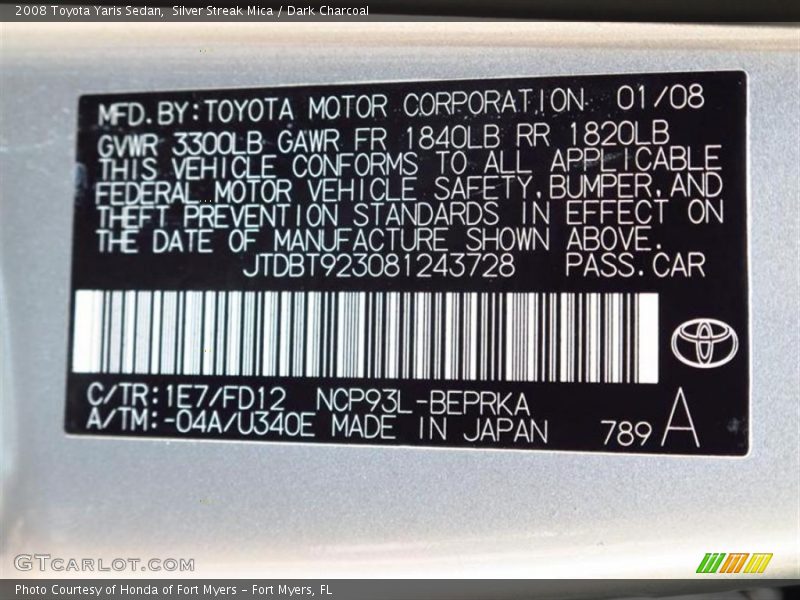 Silver Streak Mica / Dark Charcoal 2008 Toyota Yaris Sedan