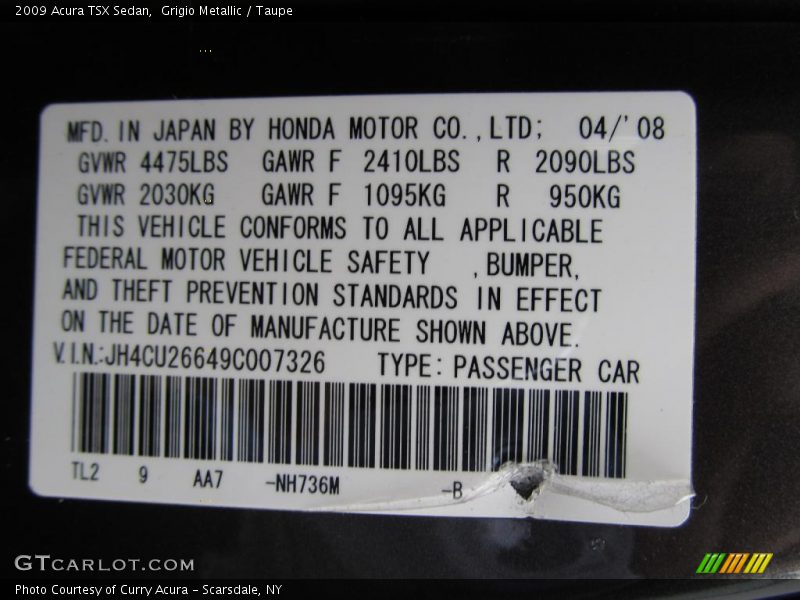 Grigio Metallic / Taupe 2009 Acura TSX Sedan