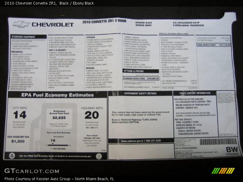  2010 Corvette ZR1 Window Sticker