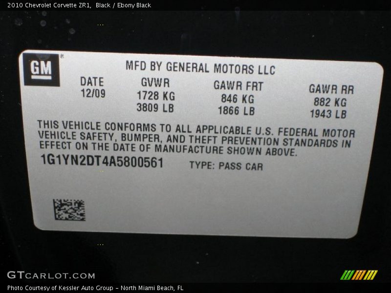 Info Tag of 2010 Corvette ZR1