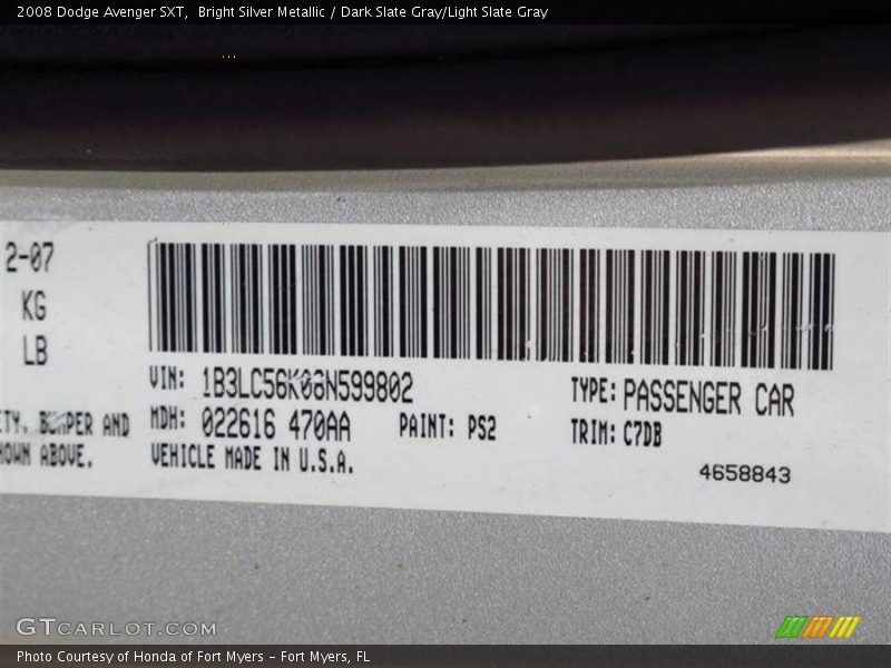 Bright Silver Metallic / Dark Slate Gray/Light Slate Gray 2008 Dodge Avenger SXT