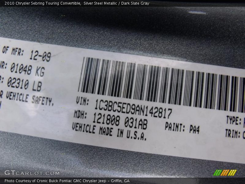 Silver Steel Metallic / Dark Slate Gray 2010 Chrysler Sebring Touring Convertible