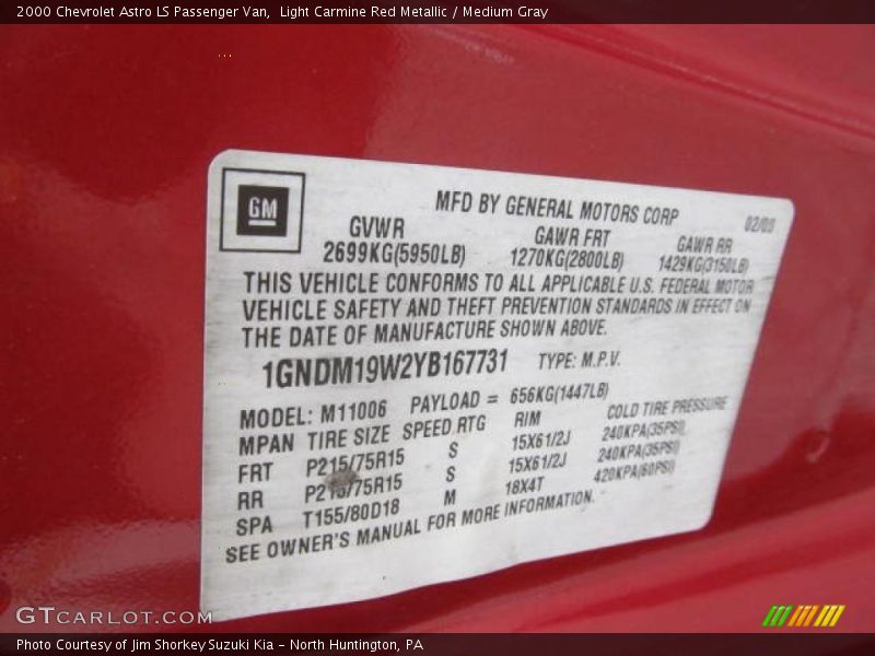 Info Tag of 2000 Astro LS Passenger Van