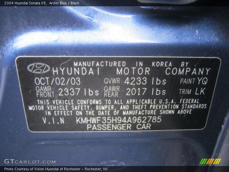 Ardor Blue / Black 2004 Hyundai Sonata V6