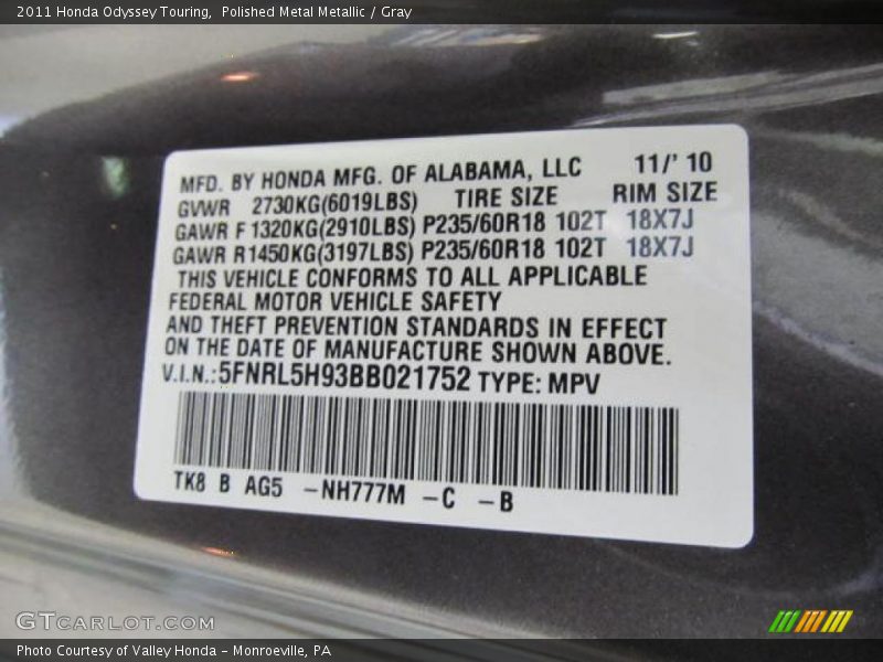 Polished Metal Metallic / Gray 2011 Honda Odyssey Touring
