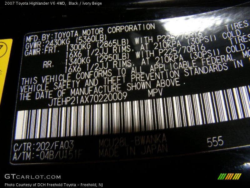 Black / Ivory Beige 2007 Toyota Highlander V6 4WD