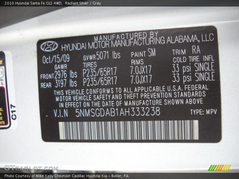Radiant Silver / Gray 2010 Hyundai Santa Fe GLS 4WD