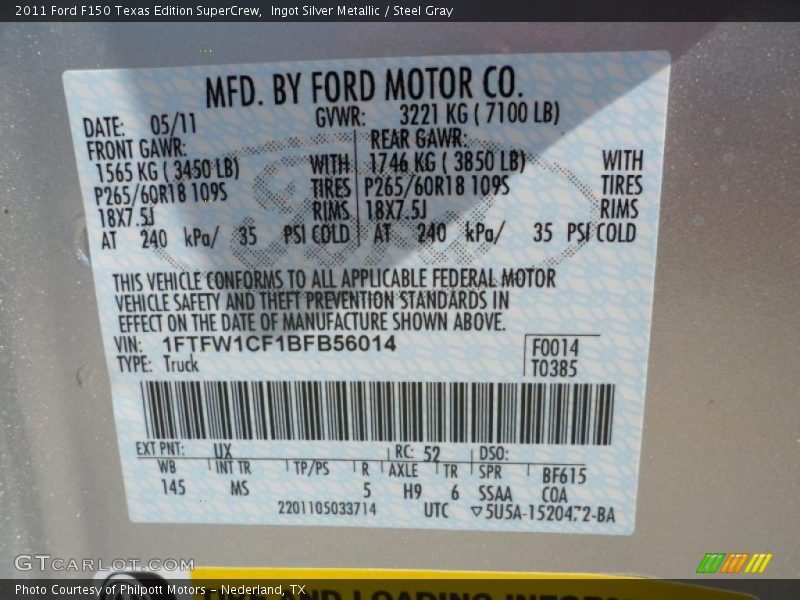 Ingot Silver Metallic / Steel Gray 2011 Ford F150 Texas Edition SuperCrew