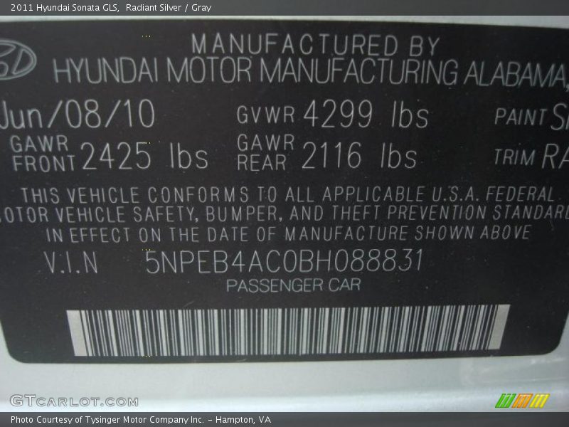 Radiant Silver / Gray 2011 Hyundai Sonata GLS