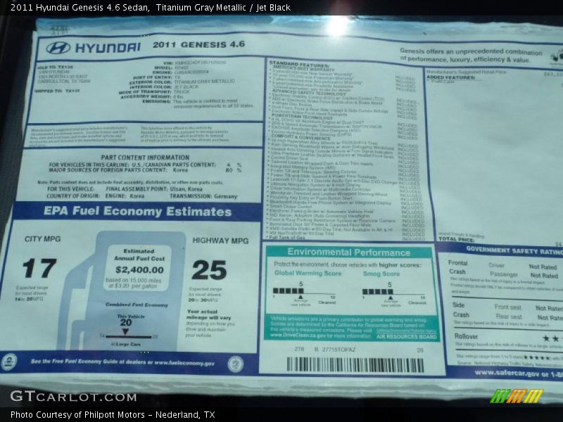  2011 Genesis 4.6 Sedan Window Sticker
