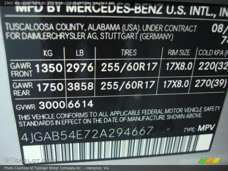 Brilliant Silver Metallic / Ash 2002 Mercedes-Benz ML 320 4Matic