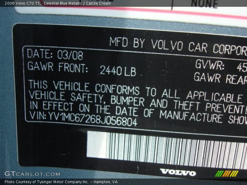 Celestial Blue Metallic / Calcite Cream 2008 Volvo C70 T5